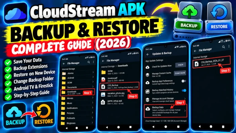 CloudStream APK backup and restore tutorial thumbnail showing Android file manager screens, backup settings, saved backup files, and step-by-step instructions for saving and restoring app data.