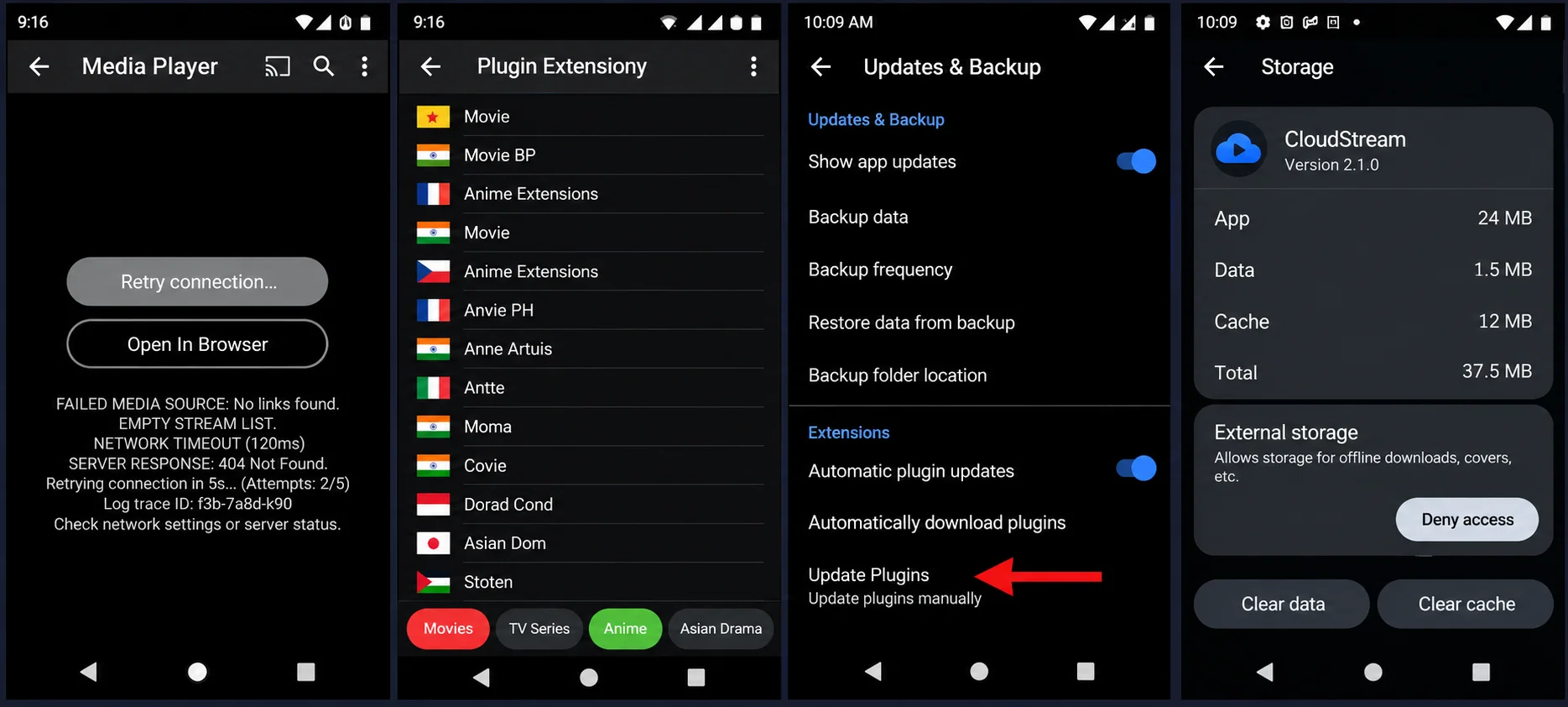 CloudStream APK settings screens for plugin management, updating plugins and clearing cache