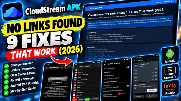 CloudStream APK troubleshooting thumbnail showing “No Links Found” with nine fixes, including changing providers, updating extensions, clearing cache and data, fixing DNS, and resolving Android TV and Firestick issues.
