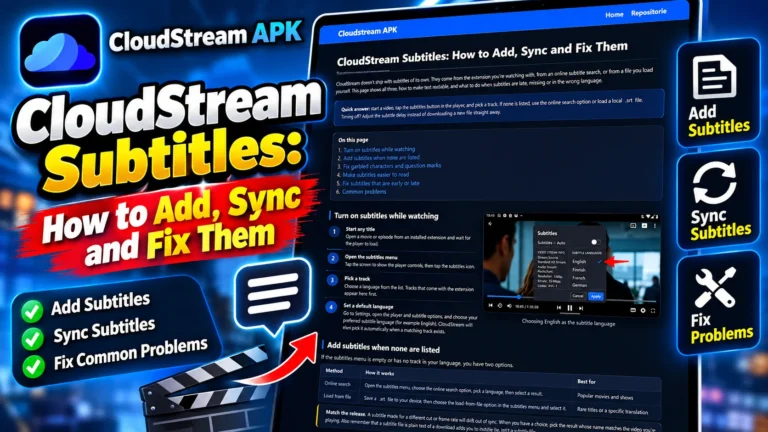 CloudStream APK subtitles tutorial thumbnail showing a subtitle settings screen, instructions for adding and syncing subtitles, and troubleshooting options for common subtitle problems.