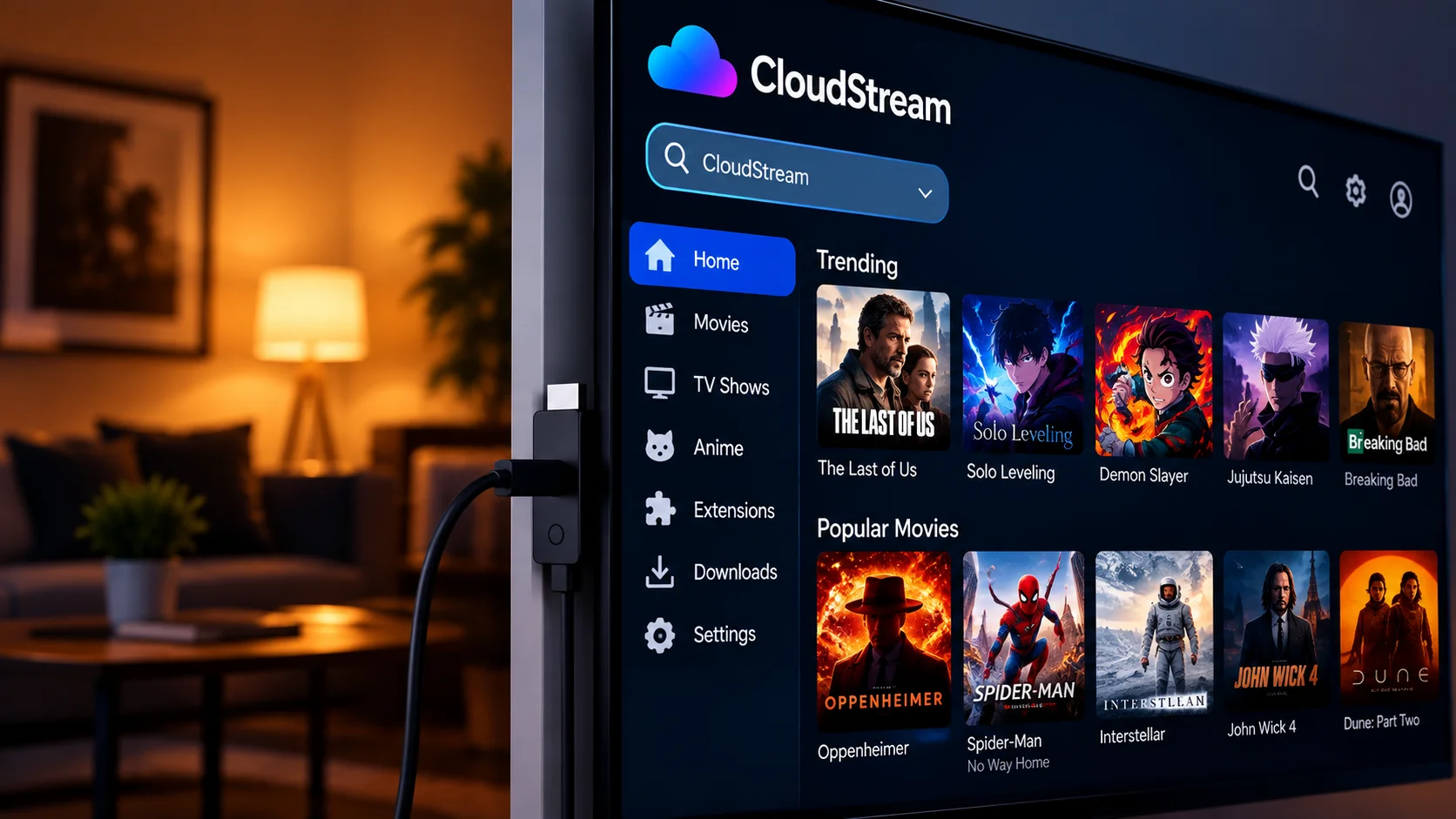 CloudStream home screen interface on a Smart TV or Firestick