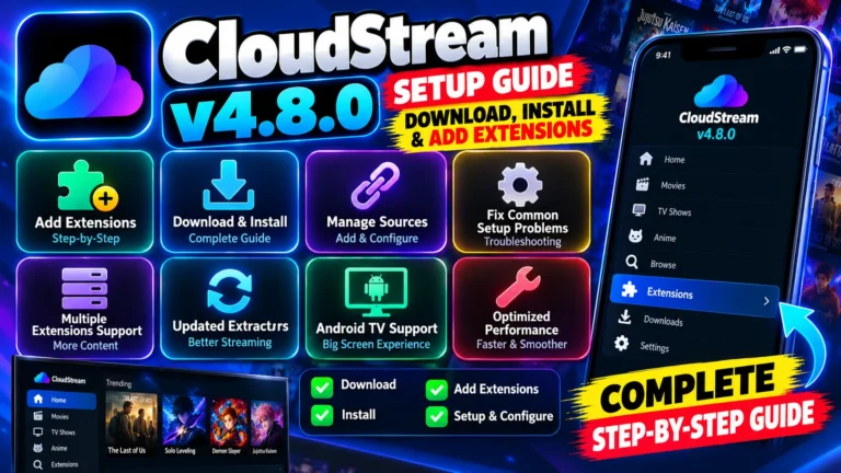 CloudStream v4.8.0 setup guide thumbnail showing download and installation steps, extension management, source configuration, Android TV support, troubleshooting, and optimized performance.