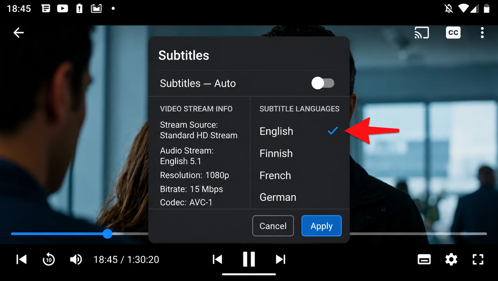 CloudStream video subtitles settings with English selected as the subtitle language